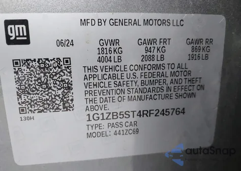 2024 Chevrolet Malibu Fwd Ls из США, поврежденный, VIN 1G1ZB5ST4RF245764